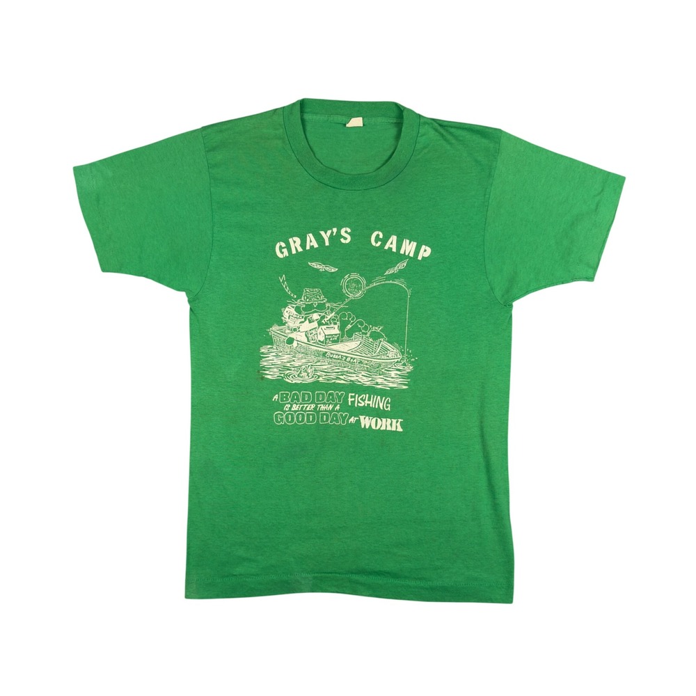 Vtg 80s Gray's Camp Fishing Humor T-Shirt Men's M Fits S Green Single Stitch USA